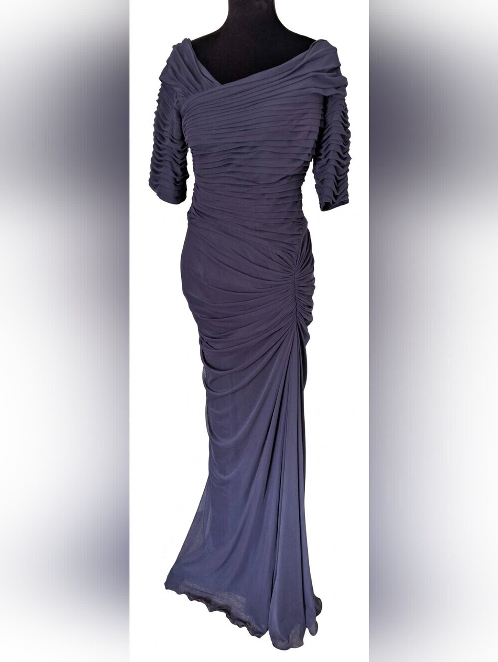 ​Tadashi Shoji Navy Blue Ruched Mesh Asymmetric Draped Evening Gown Size M